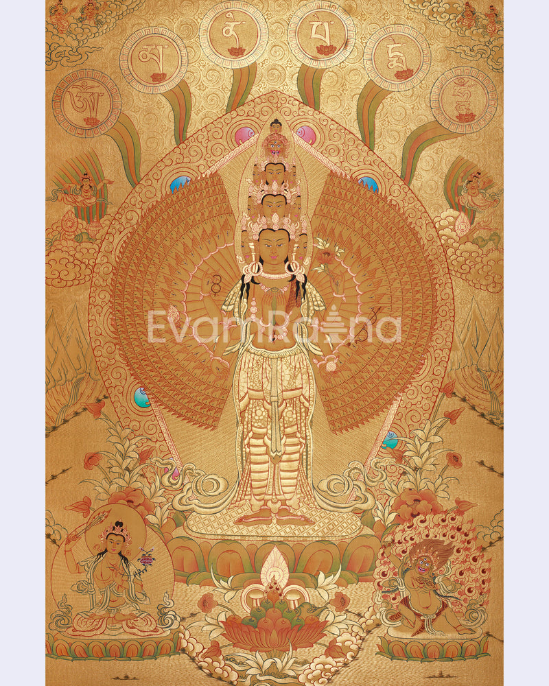 Avalokiteshvara in Gold with Mantra and Deities | Sacred Compassion Art