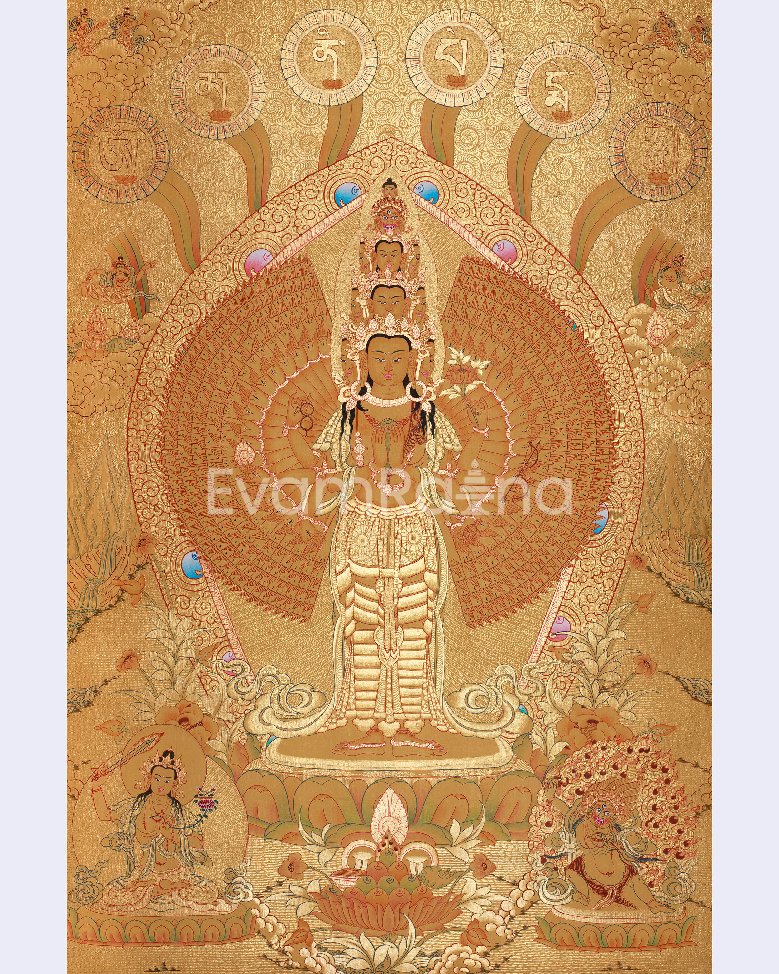 Avalokiteshvara in Gold with Mantra and Deities | Sacred Compassion Art