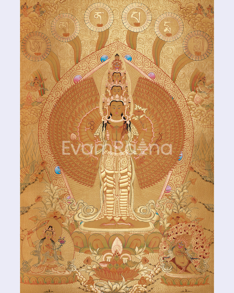 Avalokiteshvara in Gold with Mantra and Deities | Sacred Compassion Art