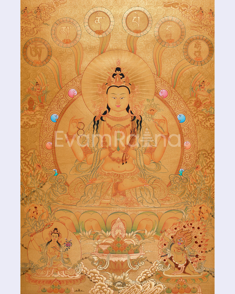 Four-Armed Chenrezig Thangka | Gold with Compassion Mantra and Deities