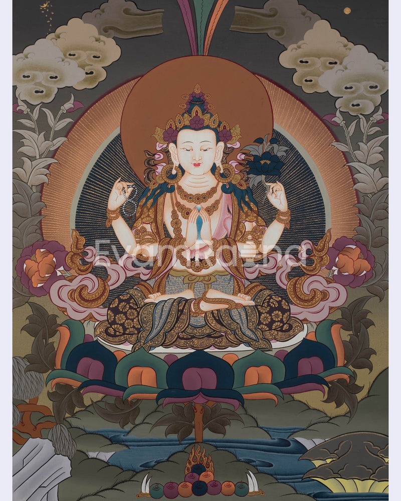 Four Armed Compassionate Chenrezig Thangka  | Hand-Painted Compassion Deity Art