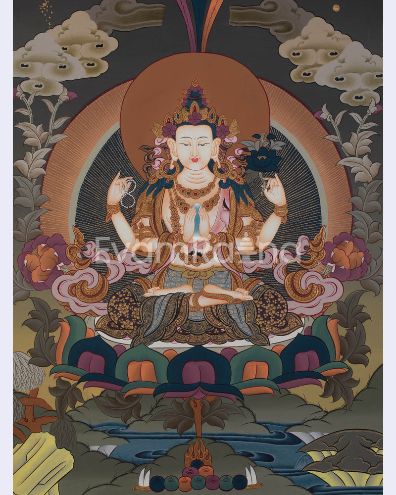 Four Armed Compassionate Chenrezig Thangka  | Hand-Painted Compassion Deity Art