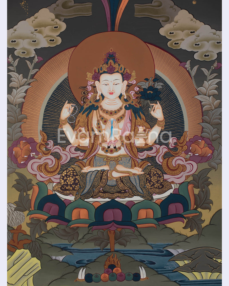 Four Armed Compassionate Chenrezig Thangka  | Hand-Painted Compassion Deity Art