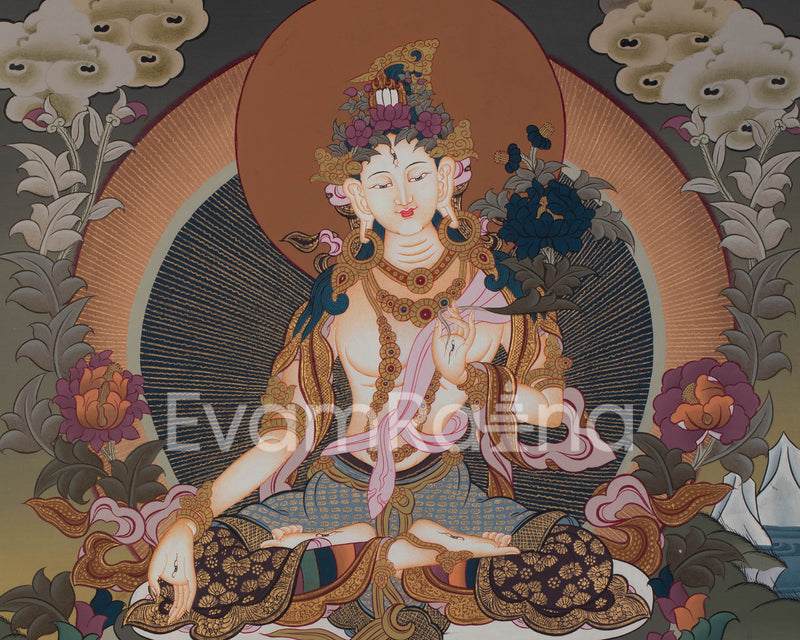 Original Hand-Painted White Tara Thangka Religious Art | Goddess of Healing