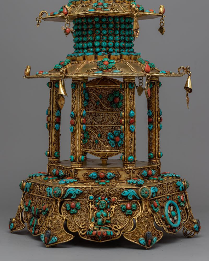 Meditative Turquoise & Coral Prayer Wheel |  Artifact for Spiritual Practice and Mindfulnes