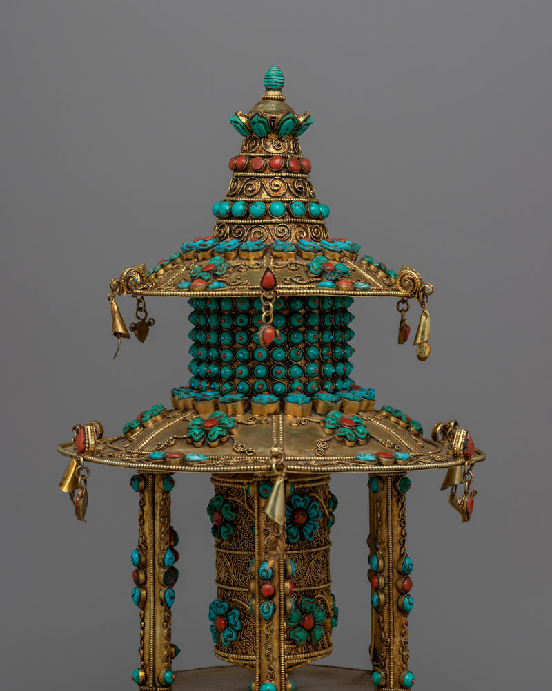 Meditative Turquoise & Coral Prayer Wheel |  Artifact for Spiritual Practice and Mindfulnes