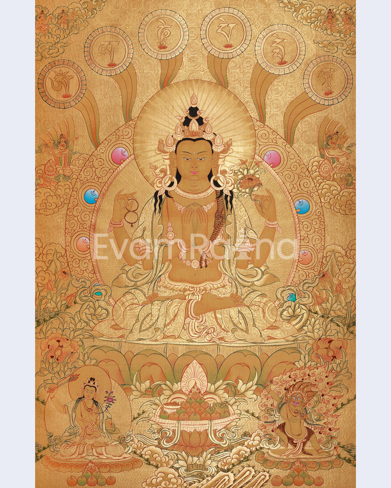 Four-Armed Chenrezig Thangka | Gold with Compassion Mantra and Deities