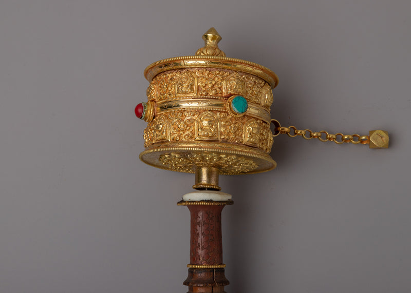 Gold Hand Held Prayer Wheel | Sacred Buddhist Practices