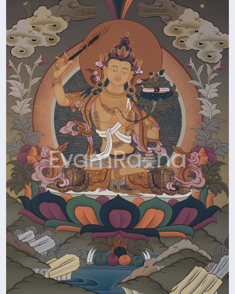 Manjushri Thangka | Tibetan Bodhisattva with Flaming Sword of Wisdom