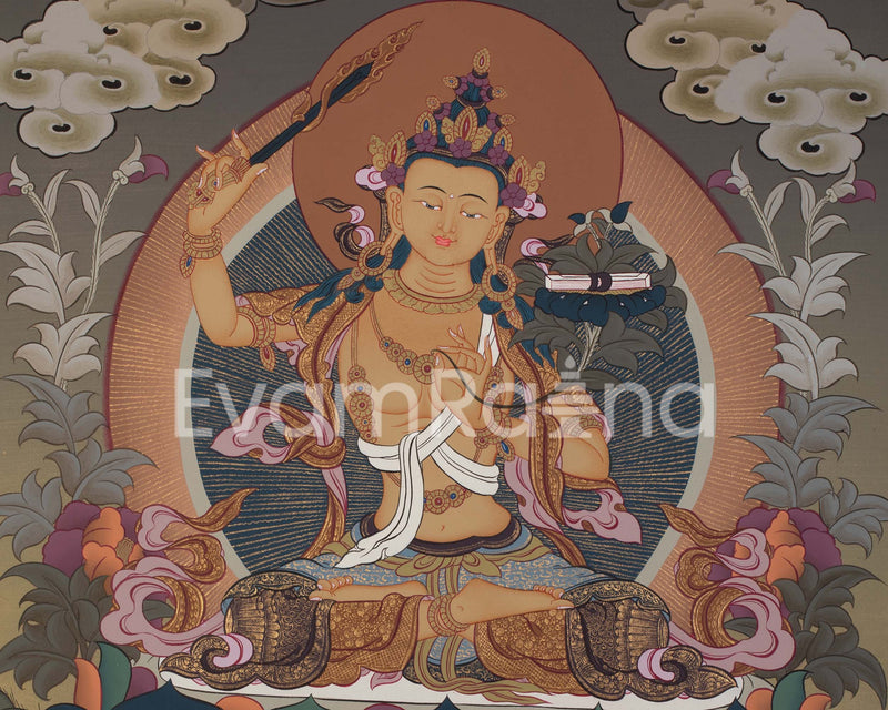 Manjushri Thangka | Tibetan Bodhisattva with Flaming Sword of Wisdom