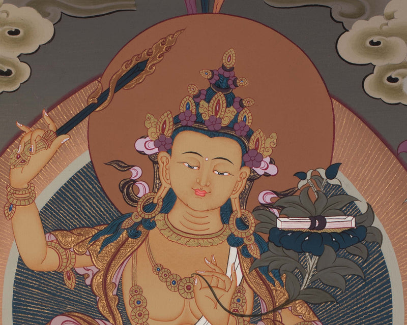 Manjushri Thangka | Tibetan Bodhisattva with Flaming Sword of Wisdom