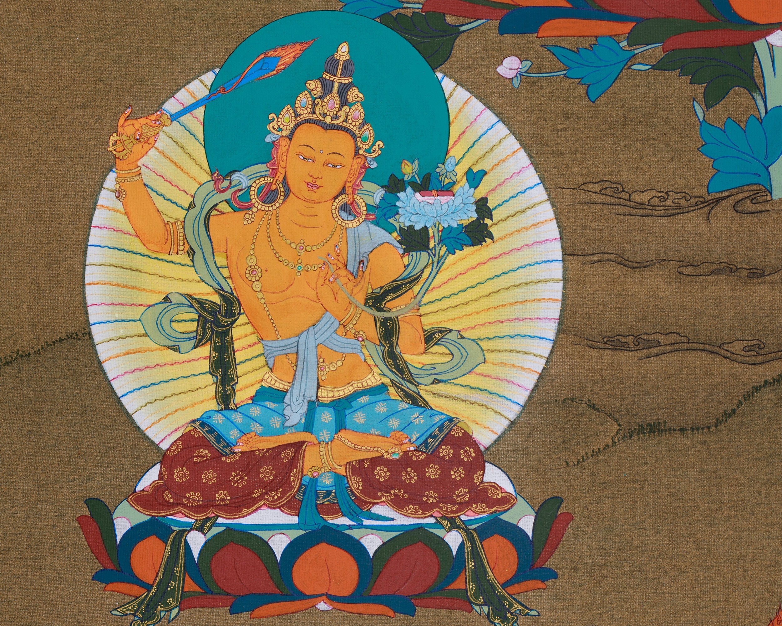 Traditional Thangka of Chenrezig | Featuring Manjushri and Vajrapani
