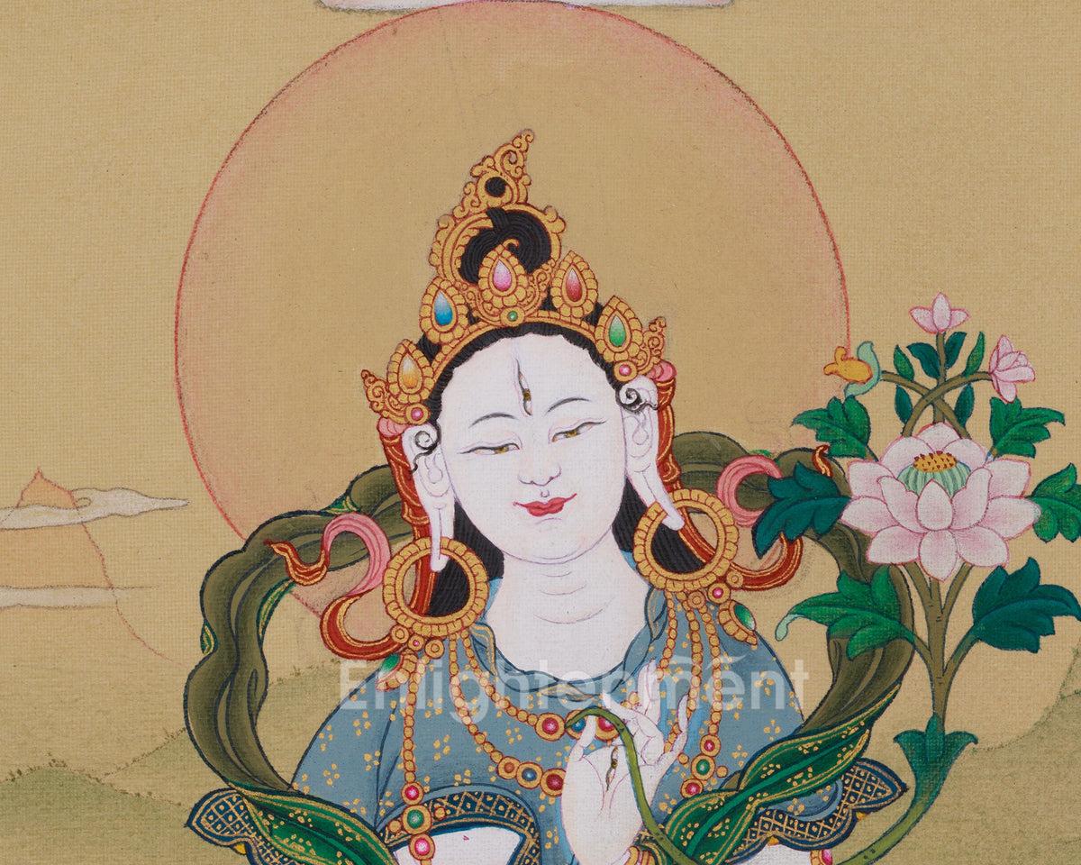 Tibetan White Tara With Amitabha Buddha Thangka | Healing And Longevity Deity