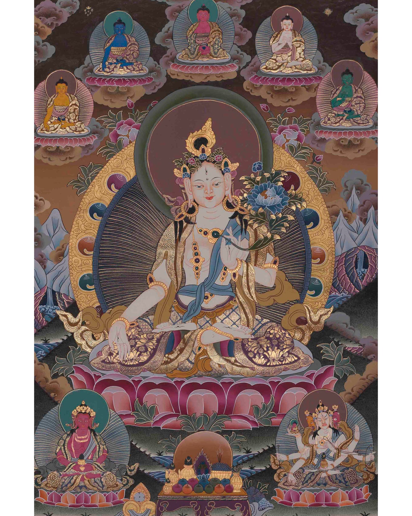 Original Hand-Painted White Tara With Other Bodhisattvas | Protector of Life, Love, and Liberation