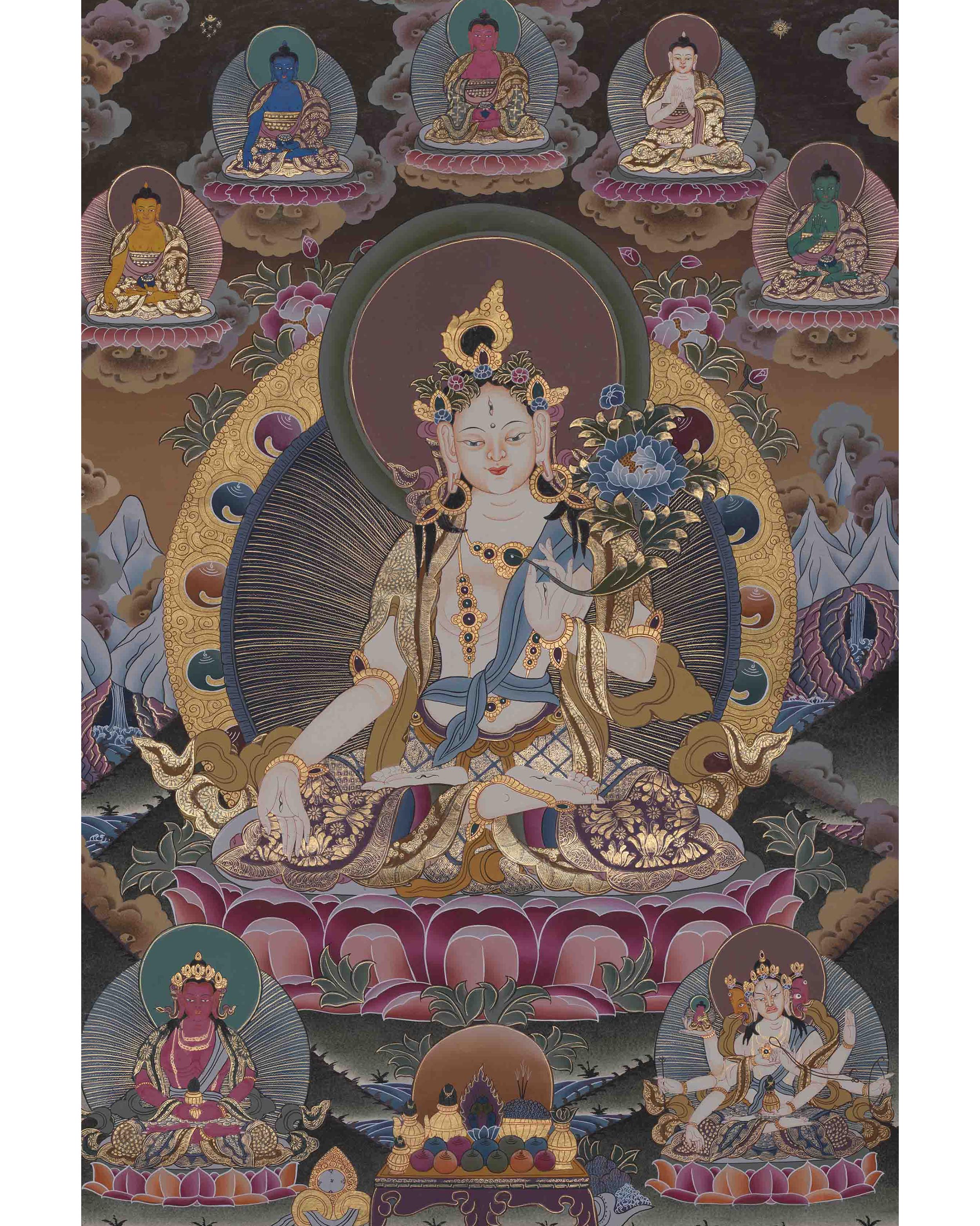 Original Hand-Painted White Tara With Other Bodhisattvas | Protector of Life, Love, and Liberation