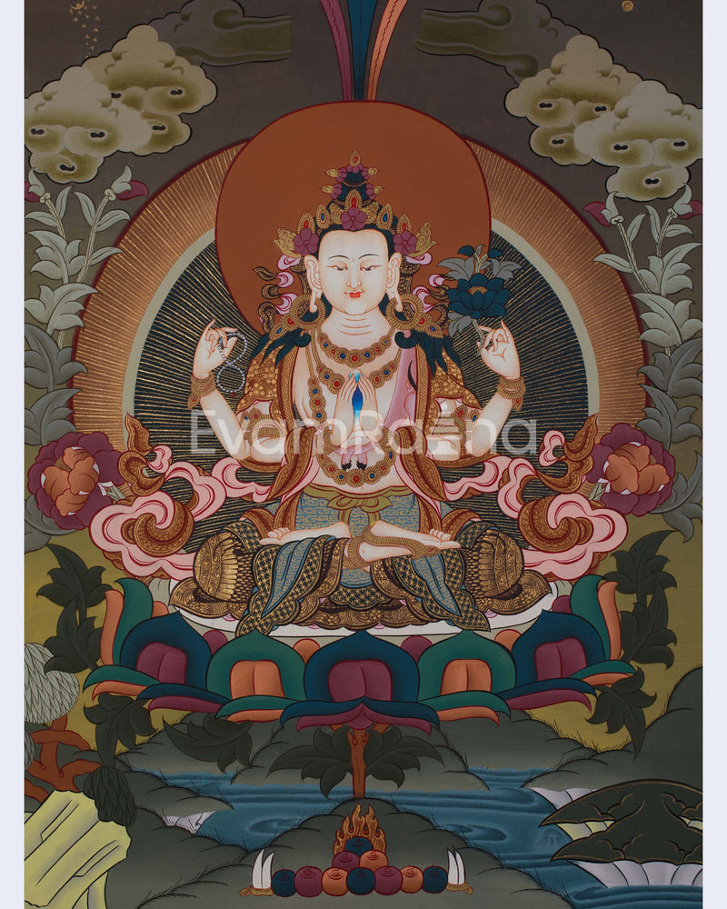 Four Armed Compassionate Chenrezig Thangka  | Hand-Painted Compassion Deity Art