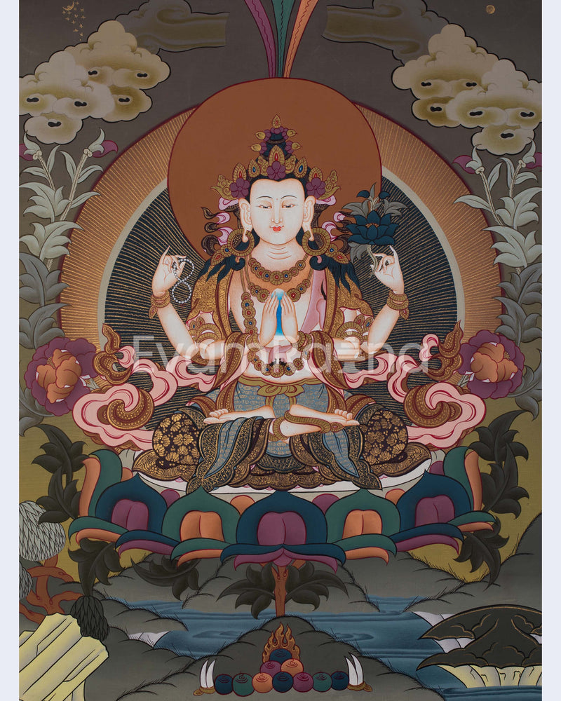 Four Armed Compassionate Chenrezig Thangka  | Hand-Painted Compassion Deity Art