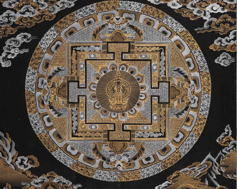 Black and Gold Lokeshvara Mandala Thangka | Mandala Painting For Home Decor