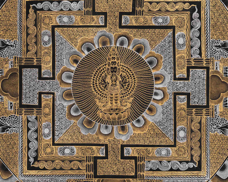 Black and Gold Lokeshvara Mandala Thangka | Mandala Painting For Home Decor