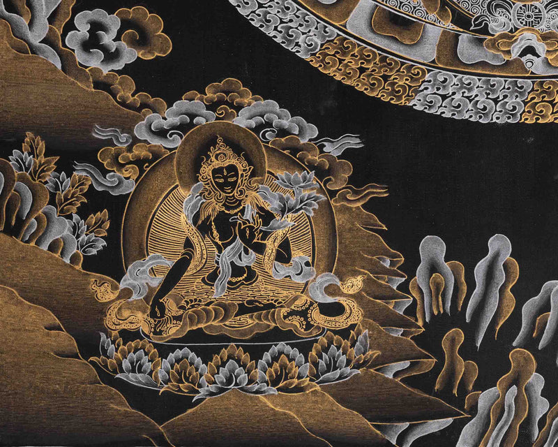 Black and Gold Lokeshvara Mandala Thangka | Mandala Painting For Home Decor