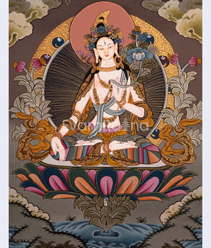 White Tara Female Bodhisattva Hand-Painted Tibetan Art | Religious Wall Decor Painting