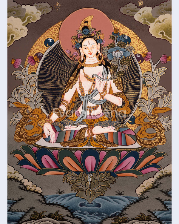 White Tara Female Bodhisattva Hand-Painted Tibetan Art | Religious Wall Decor Painting