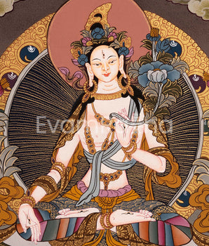 White Tara Female Bodhisattva Hand-Painted Tibetan Art | Religious Wall Decor Painting