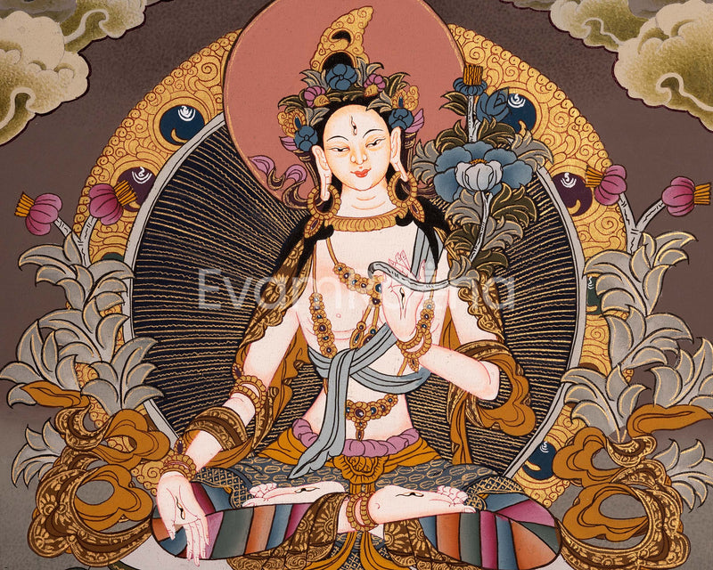 White Tara Female Bodhisattva Hand-Painted Tibetan Art | Religious Wall Decor Painting