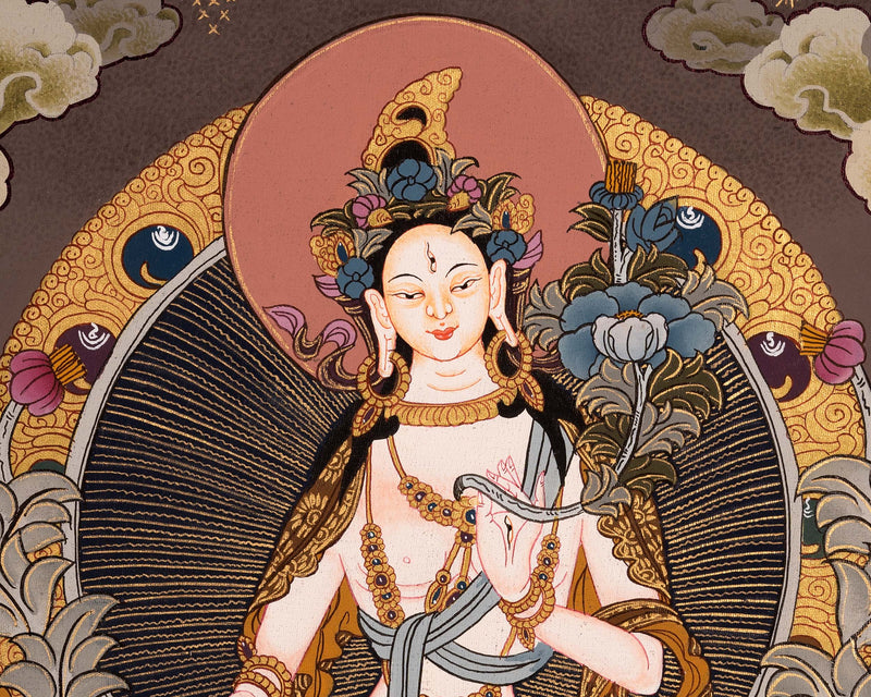 White Tara Female Bodhisattva Hand-Painted Tibetan Art | Religious Wall Decor Painting