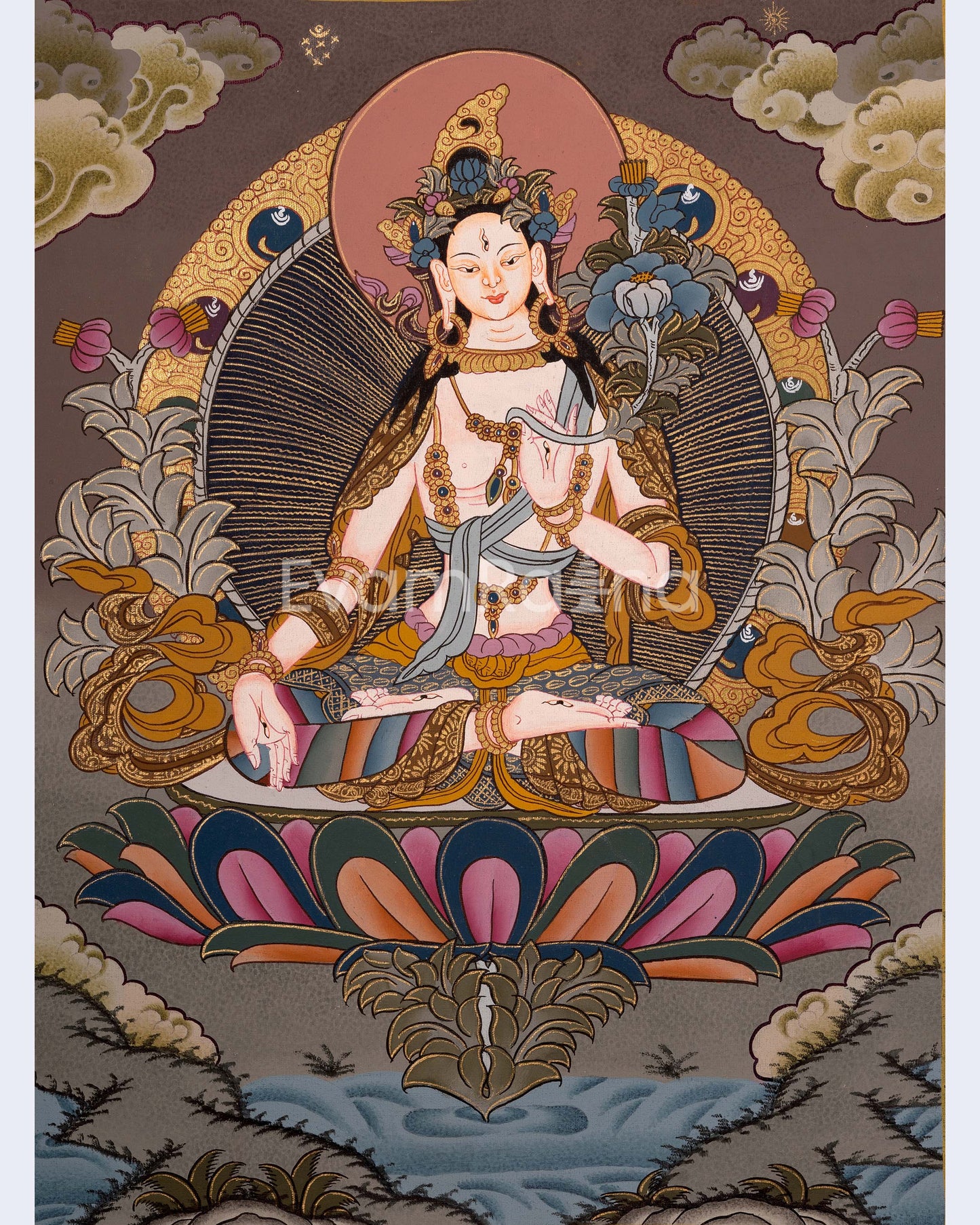 White Tara Female Bodhisattva Hand-Painted Tibetan Art | Religious Wall Decor Painting