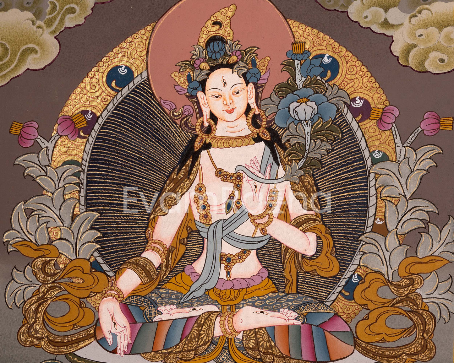 White Tara Female Bodhisattva Hand-Painted Tibetan Art | Religious Wall Decor Painting