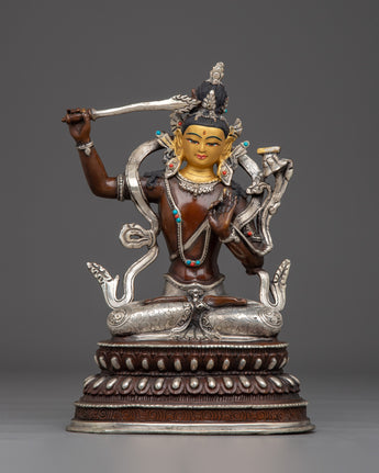 Manjushri Copper Statue with Silver & Gold 