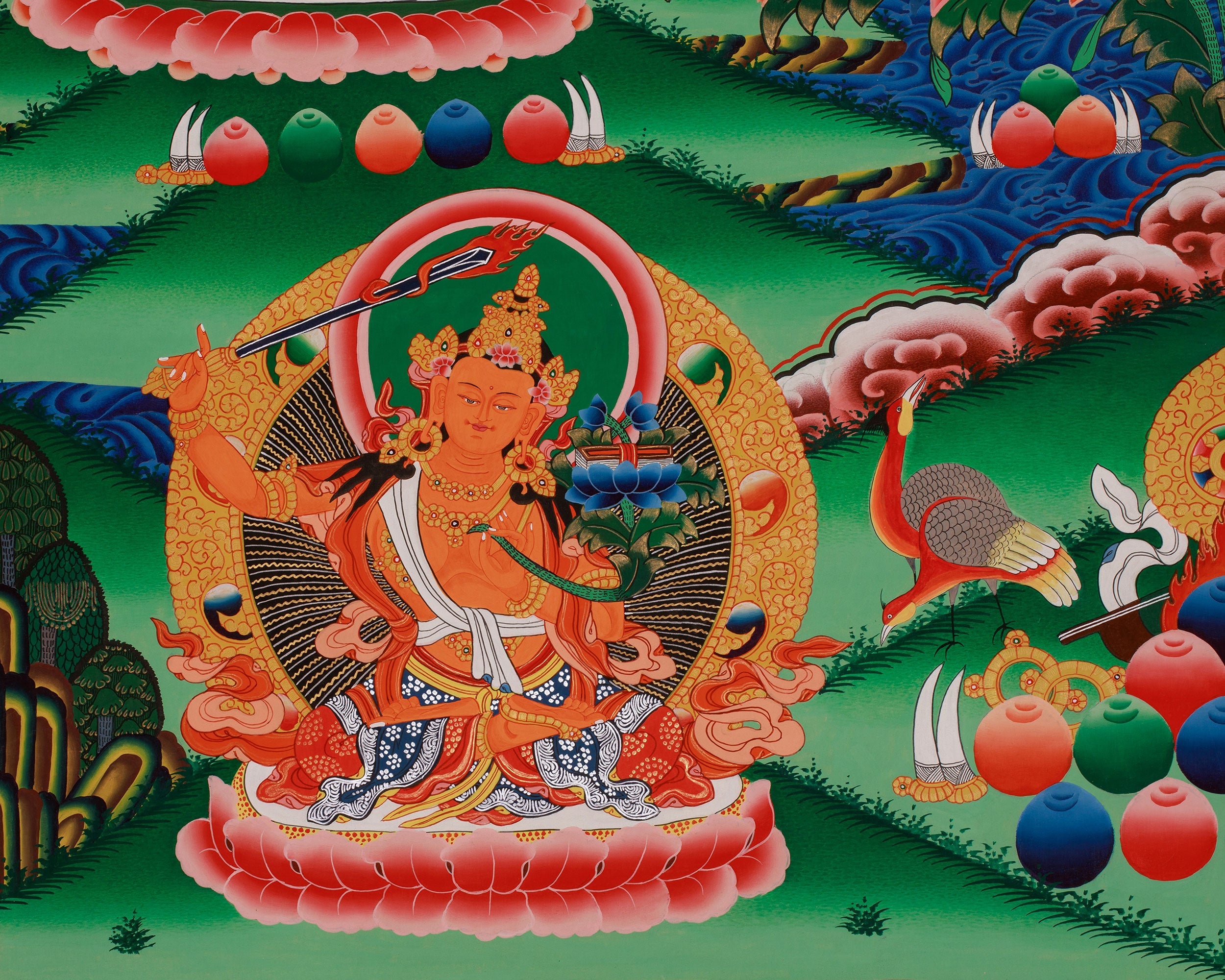 Divine Thangka of Chenrezig | Avalokiteshvara, 5 Dhyani Buddhas, White Tara, Green Tara, Manjushri & Vajrapani