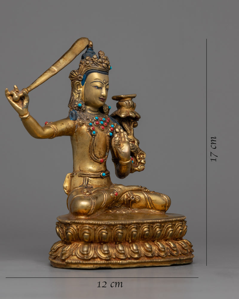 Gold Manjushri Statue | Hand-Carved Details on Sacred Sculpture