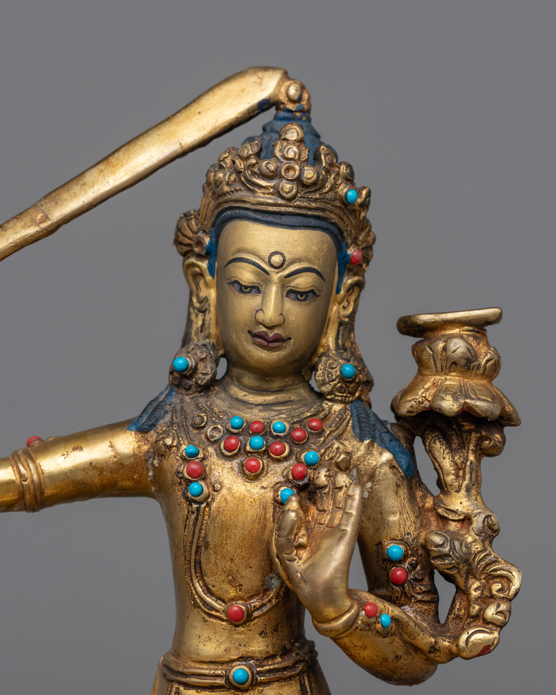 Gold Manjushri Statue | Hand-Carved Details on Sacred Sculpture