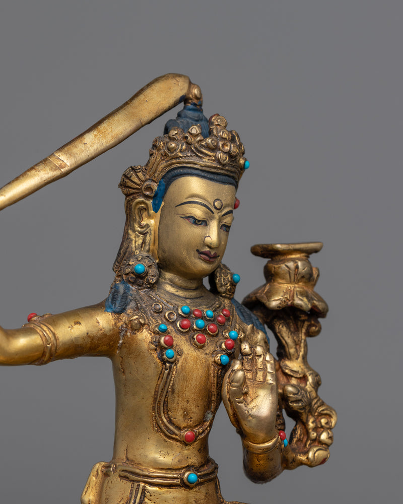 Gold Manjushri Statue | Hand-Carved Details on Sacred Sculpture