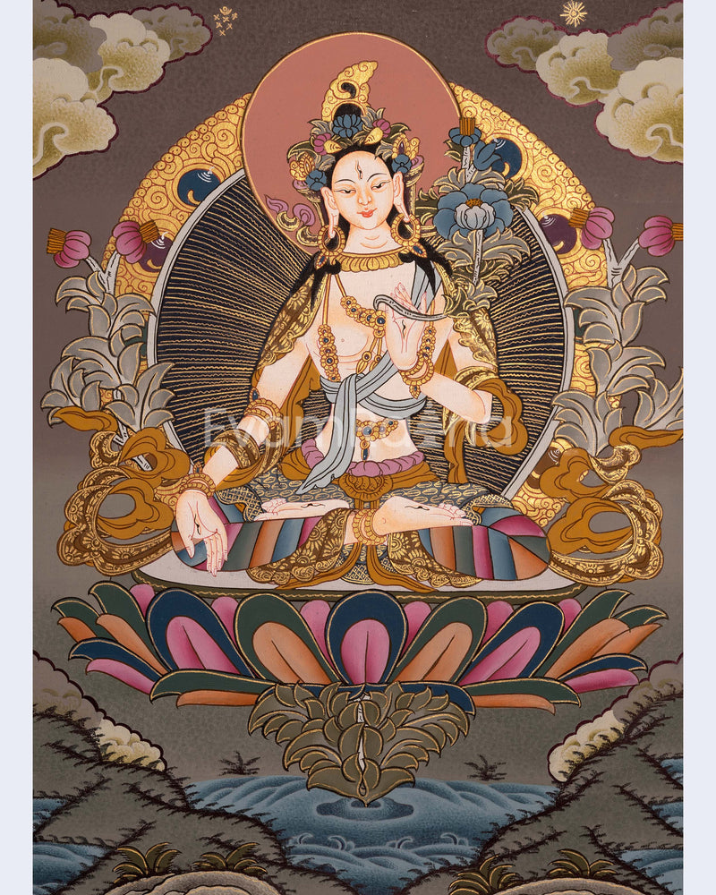 White Tara Female Bodhisattva Hand-Painted Tibetan Art | Religious Wall Decor Painting