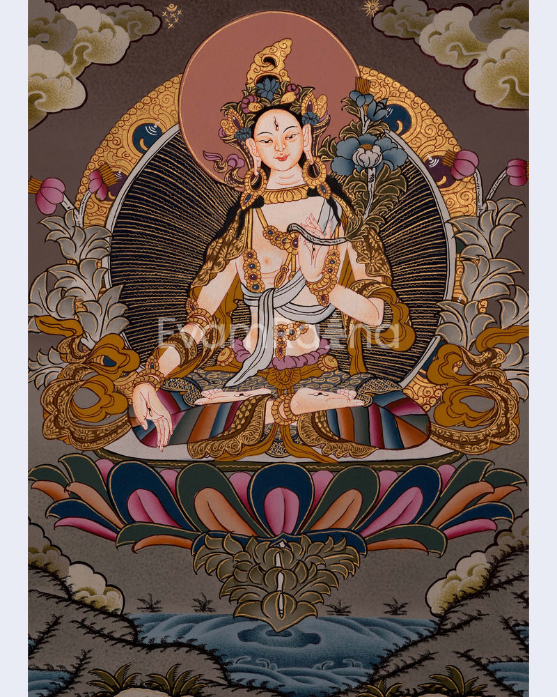 White Tara Female Bodhisattva Hand-Painted Tibetan Art | Religious Wall Decor Painting