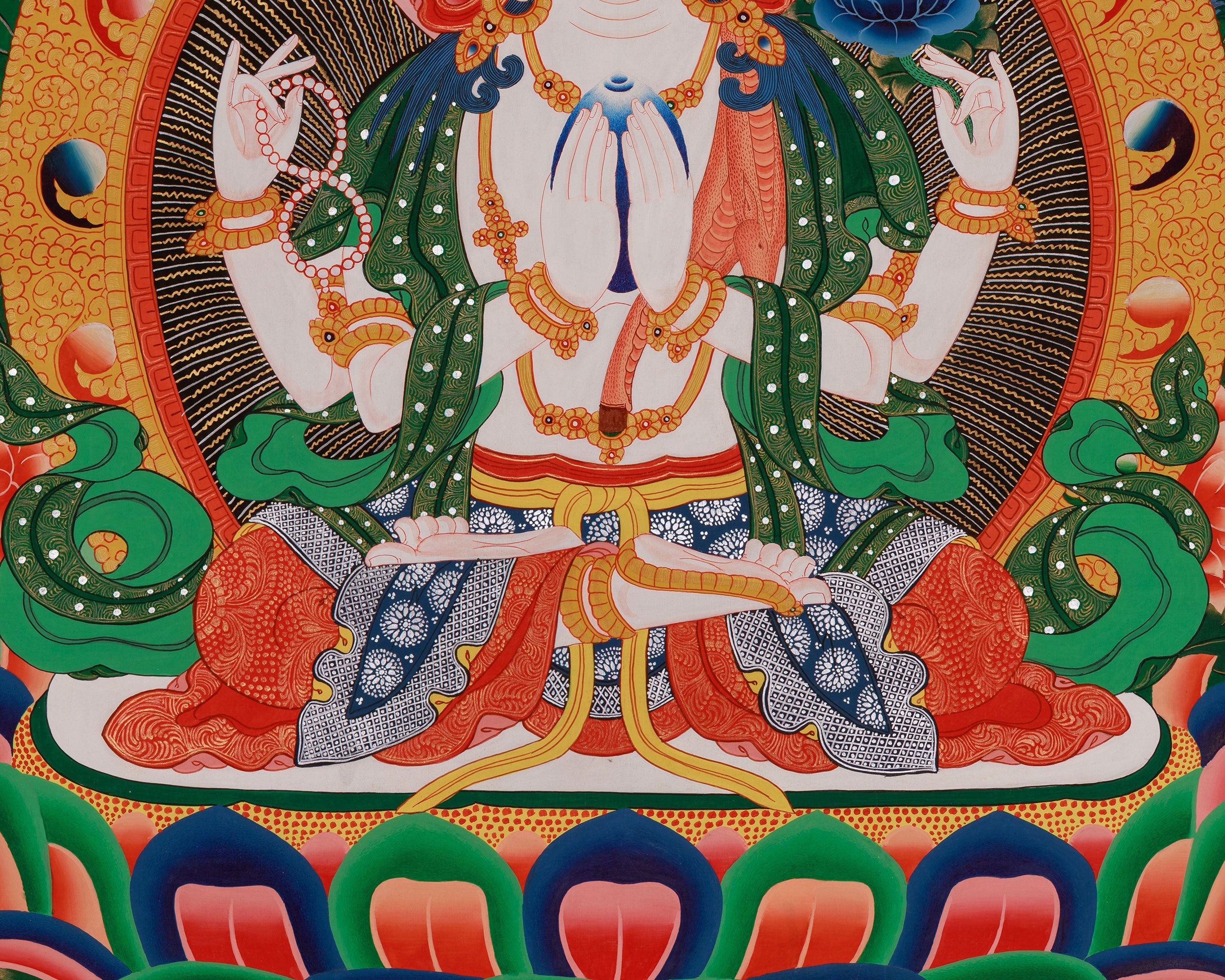 Divine Thangka of Chenrezig | Avalokiteshvara, 5 Dhyani Buddhas, White Tara, Green Tara, Manjushri & Vajrapani