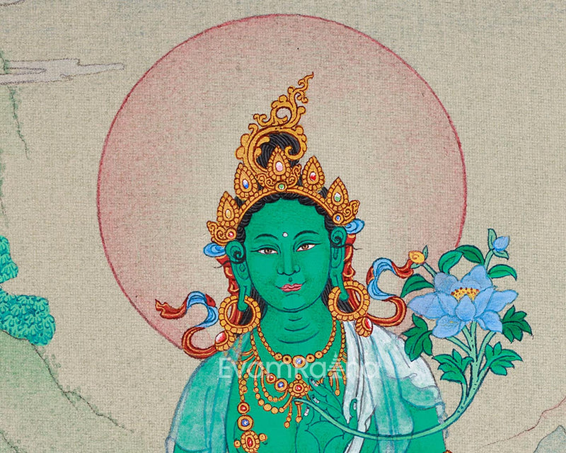 Divine Feminine Thangka - Hand-Painted Green Tara Tibetan Painting