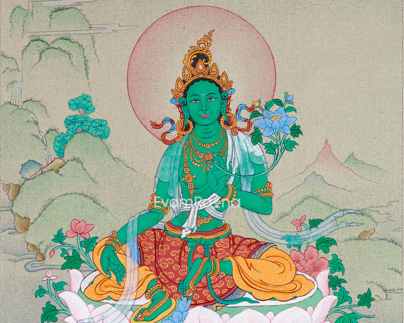 Divine Feminine Thangka - Hand-Painted Green Tara Tibetan Painting