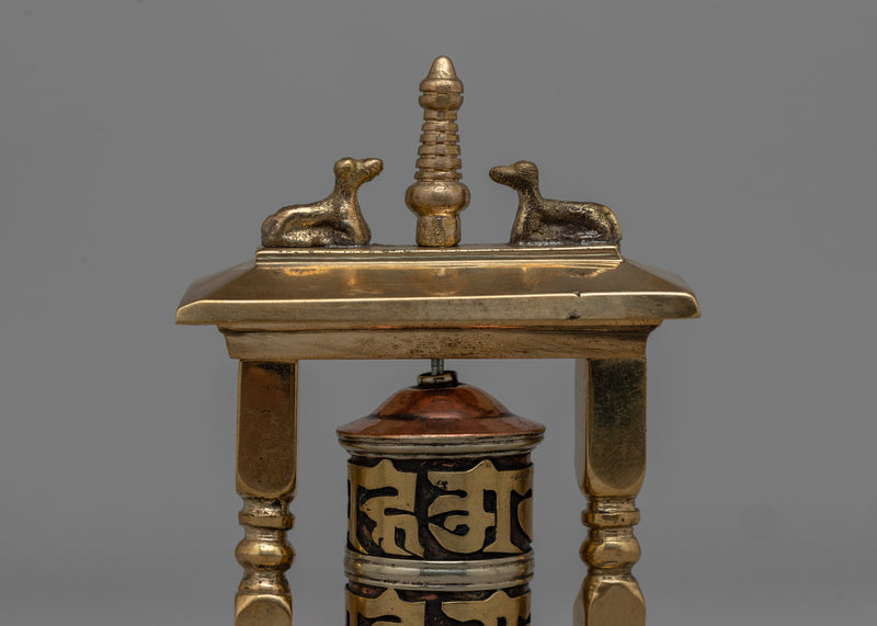 Brass Small Buddhist Prayer Wheel With Frame | Bring Blessings and Positive Energy Wherever You Go