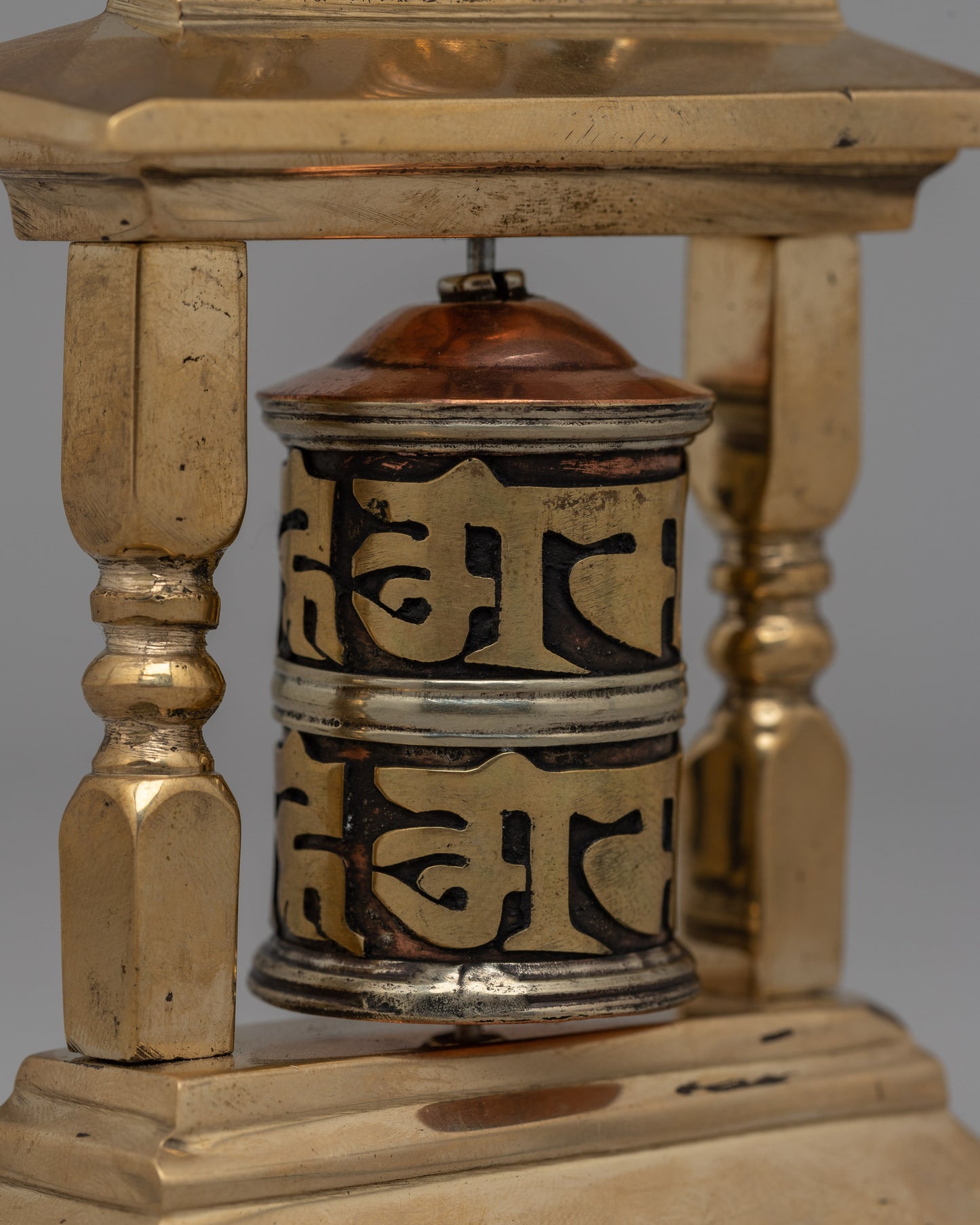 Brass Small Buddhist Prayer Wheel With Frame | Bring Blessings and Positive Energy Wherever You Go