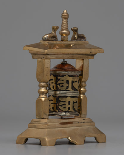 Brass Small Buddhist Prayer Wheel With Frame | Bring Blessings and Positive Energy Wherever You Go