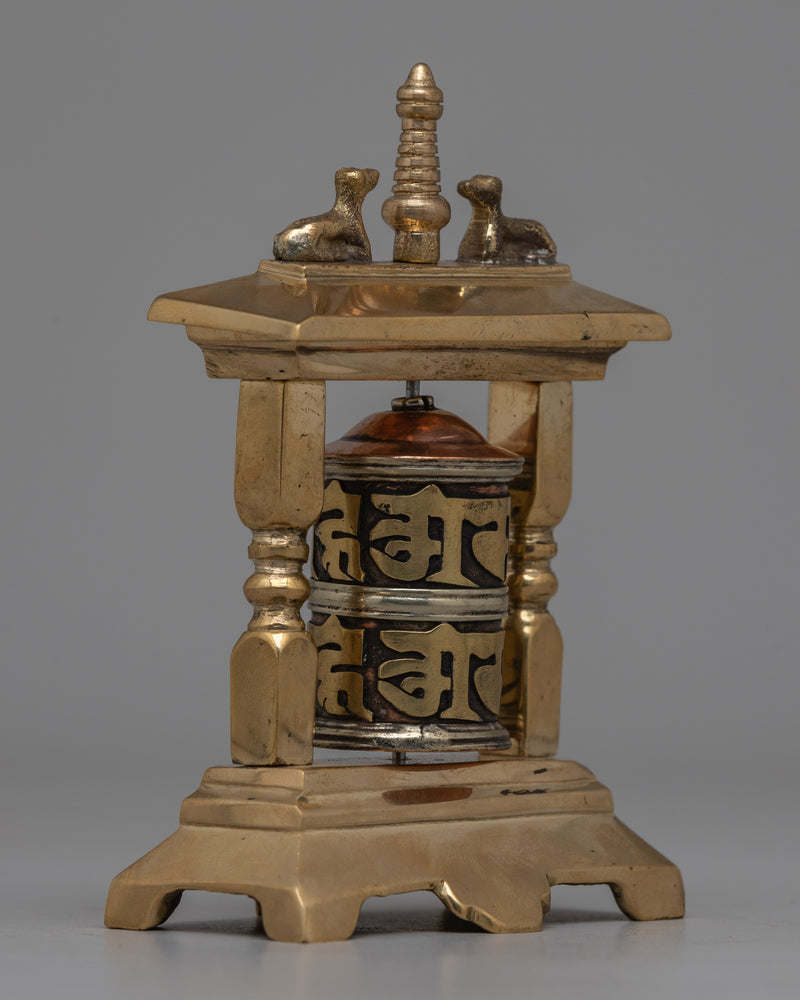 Brass Small Buddhist Prayer Wheel With Frame | Bring Blessings and Positive Energy Wherever You Go