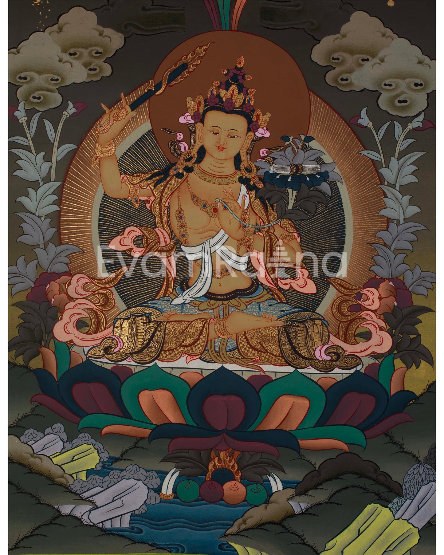 Manjushri Thangka | Tibetan Bodhisattva with Flaming Sword of Wisdom