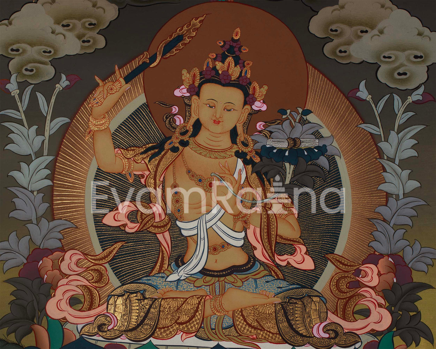 Manjushri Thangka | Tibetan Bodhisattva with Flaming Sword of Wisdom