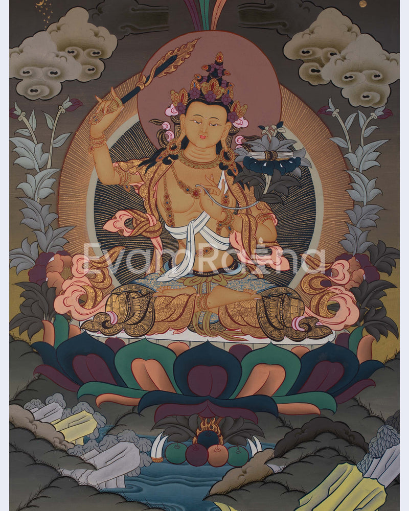 Manjushri Thangka | Tibetan Bodhisattva with Flaming Sword of Wisdom