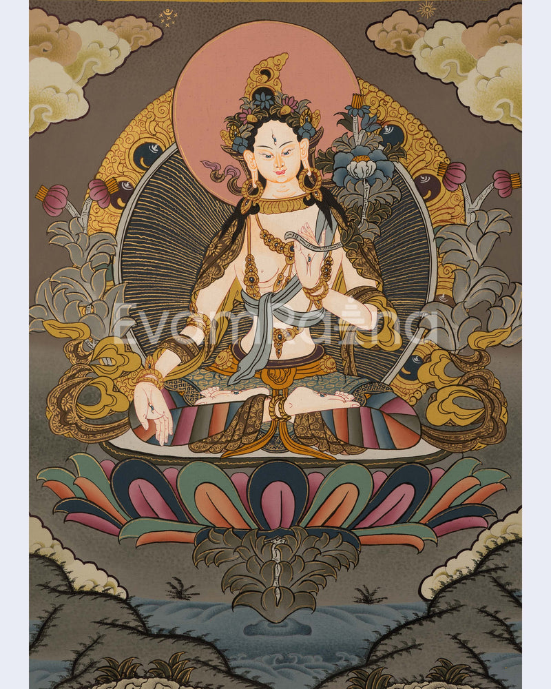 White Tara Female Bodhisattva Hand-Painted Tibetan Art | Religious Wall Decor Painting