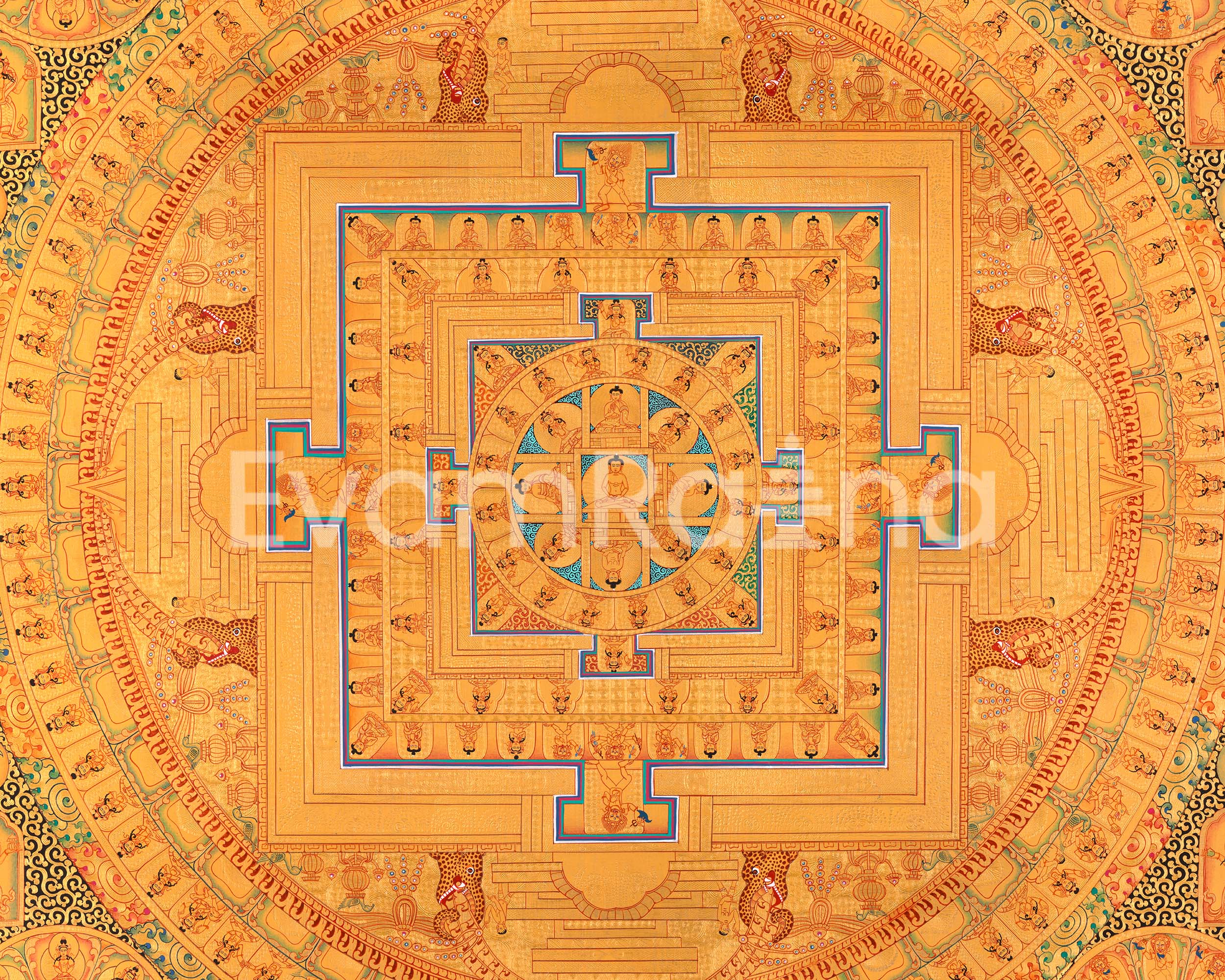 Vintage Mandala of Buddha Surrounded by Bodhisattvas & Lamas | Wall Hanging Tibetan Thangka
